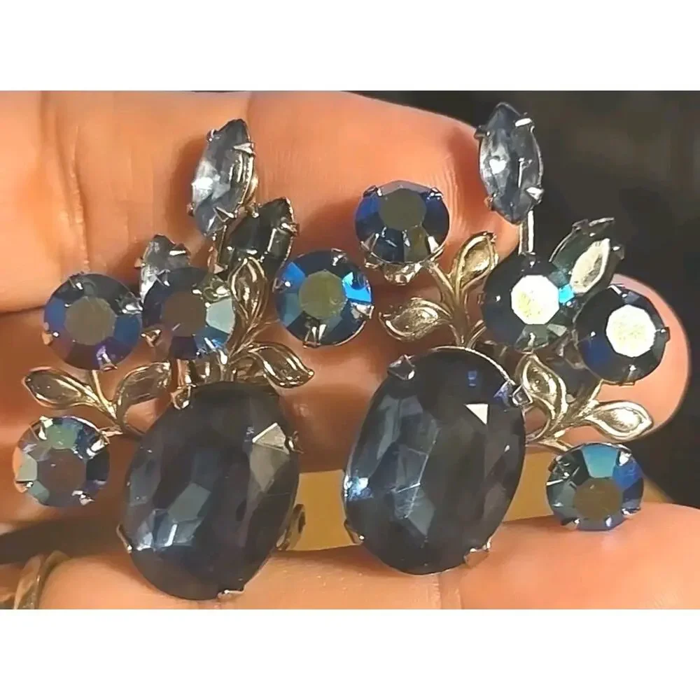 Vintage Beau Jewel Chaton and Marquise Blue Irredecant AB Rhinestone Earrings